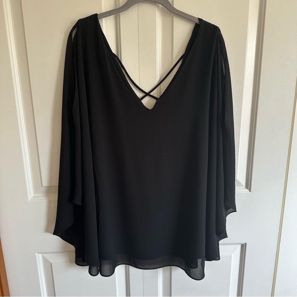 Want and Need Cold Shoulder Slit Sheer Poncho Blouse
